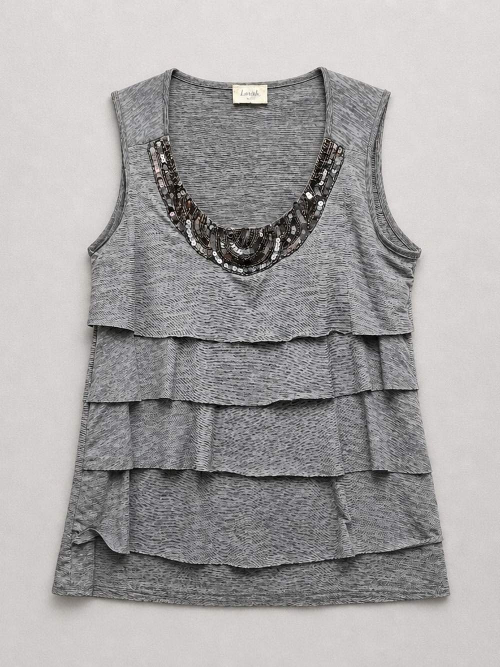 Lavish Grey Tiered Sleeveless Top with Embellished Neckline